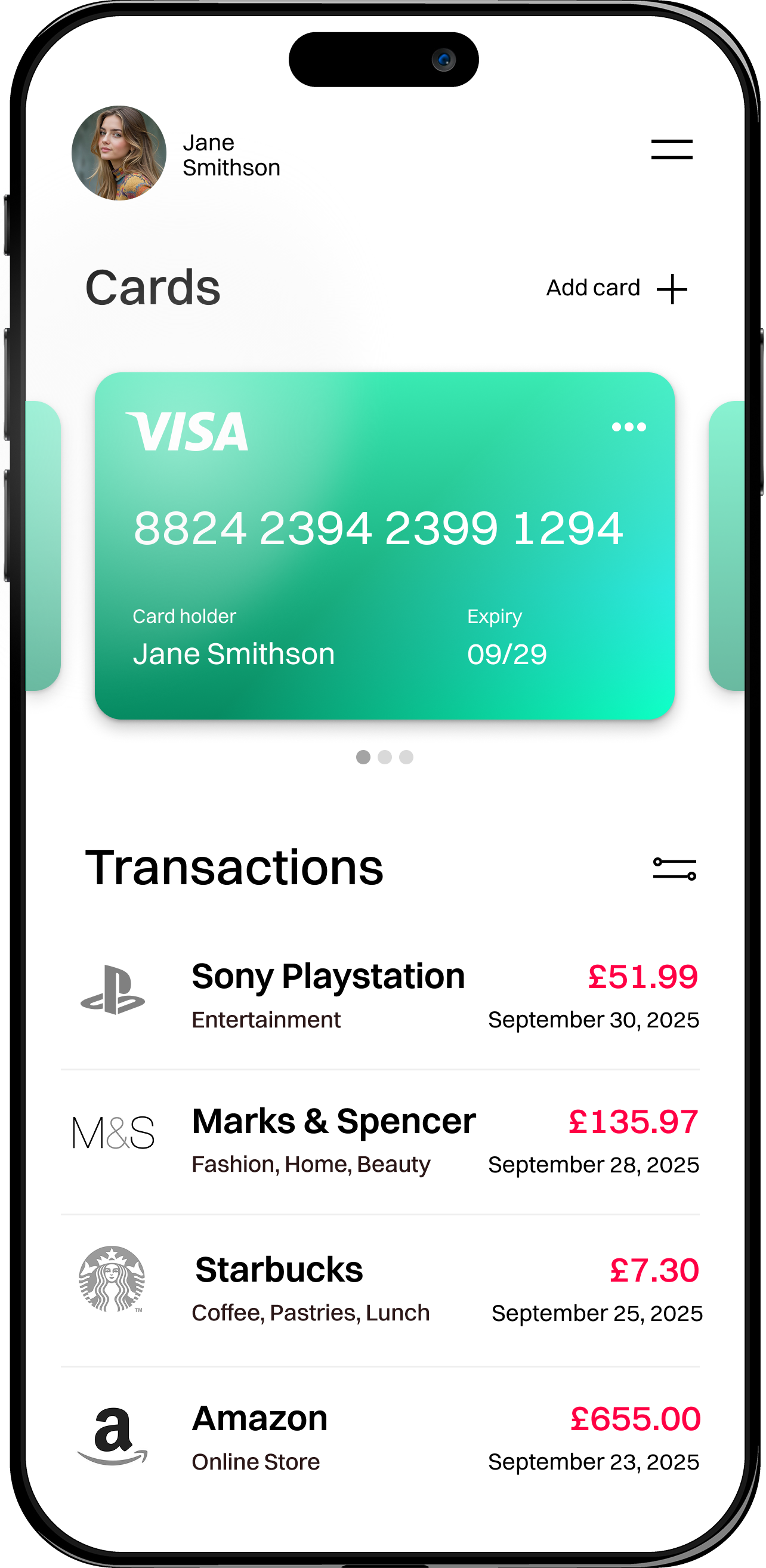 banking app with transactions and payments