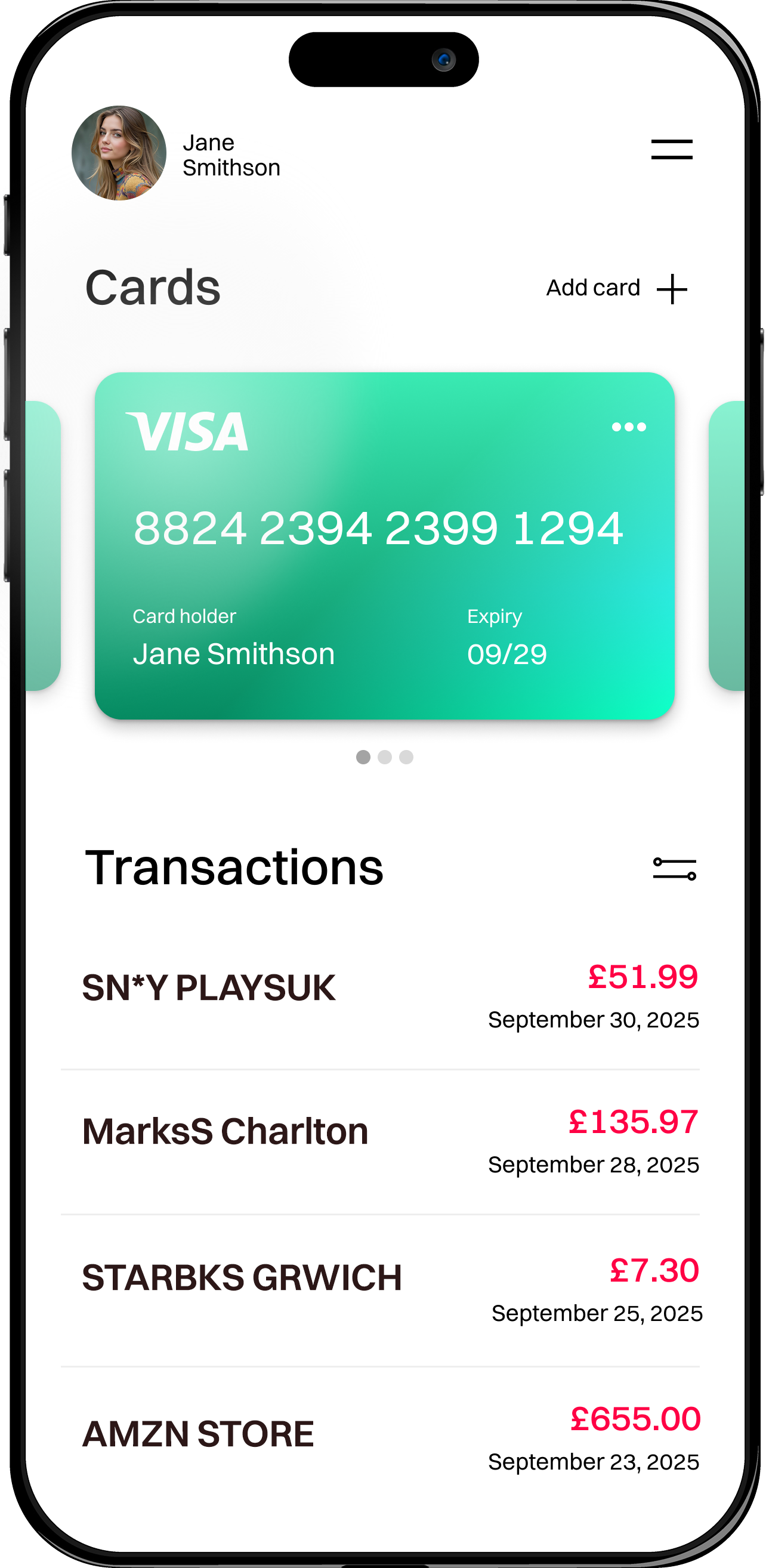 banking app with transactions and payments